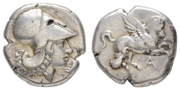 Griechen Epiros Ambrakia AR Stater Ende 5. Jhdt. v.u.Z. Av.: Athenakopf mit korinthischem Helm, dahinter liegendes A(?), Rv.: Pegasus, darunter A  8.45 g. ss