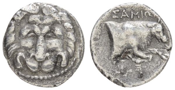 Griechen Ionia Samos AR Drachme ca. 200 v.u.Z. Av.: Löwenskalp, Rv.: Stierprotom, etwas korrodiert  3.84 g. ss