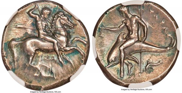 Lot 30001 > CALABRIA. Tarentum. Ca. 332-302 BC. AR stater or didrachm (22mm, 7.93 gm, 10h). NGC Choice AU 4/5 - 4/5. Sa-, magistrate. Nude warrior on horseback charging right, round shield and two javelins in left hand, preparing to cast a third in right; ΣA below / ΤΑΡΑΣ, Taras astride dolphin left, cantharus in outstretched right hand, trident cradled in left arm; dolphin left below. HN Italy 937. Fischer-Bossert 829 (V329/R642). Vlasto 622-3 (same dies).  Ex Classical Numismatic Group, Auction 90 (23 May 2012), lot 295; Triton II (1 December 1998), lot 39