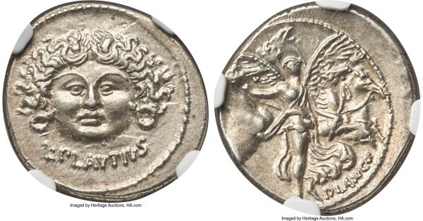 Lot 30100 > L. Plautius Plancus (ca. 47 BC). AR denarius (19mm, 3.90 gm, 7h). NGC Choice AU S 5/5 - 5/5. L•PLAVTIVS, head of Medusa facing, coiled snake on either side / PLANCVS, Victory (or Aurora) flying forward, palm branch in left hand over shoulder, reins in both hands, leading four horses charging right. Crawford 453/1a. Sydenham 959. Plautia 15.