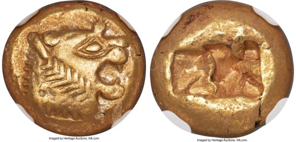 Lot 31008 > LYDIAN KINGDOM. Alyattes or Walwet (ca. 610-546 BC). EL third-stater or trite (12mm, 4.72 gm). NGC Choice XF S 5/5 - 4/5. Uninscribed, Lydo-Milesian standard, Sardes. Head of lion right, mouth open, mane bristling, radiate globule above eye / Two square punches of different size, side by side, irregular interior surfaces. Weidauer 86. Boston 1764. SNG von Aulock 2868. SNG Kayhan 1013.