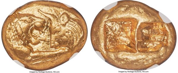 Lot 31009 > LYDIAN KINGDOM. Croesus (561-546 BC). AV stater (17mm, 10.77 gm). NGC AU 5/5 - 5/5. Sardes, 'heavy' standard, ca. 561-550 BC. Confronted foreparts of lion right and bull left, both with outstretched foreleg / Two incuse squares, side-by-side, with irregular interior surfaces. Berk 