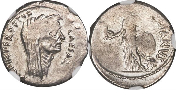 Lot 30101 > Julius Caesar, as Dictator (49-44 BC). AR denarius (18mm, 3.91 gm, 10h). NGC XF 2/5 - 4/5. Rome, 44 BC, C. Cossutius Maridianus, moneyer. CAESAR-DICT•IN•PERPETVO, laureate, veiled head of Julius Caesar right / C•MARIDIANVS, Venus standing facing, head left, Victory in right hand, resting left elbow on shield set on globe. Crawford 480/15. Sydenham 1068. Julia 42 and Cossutia 4.