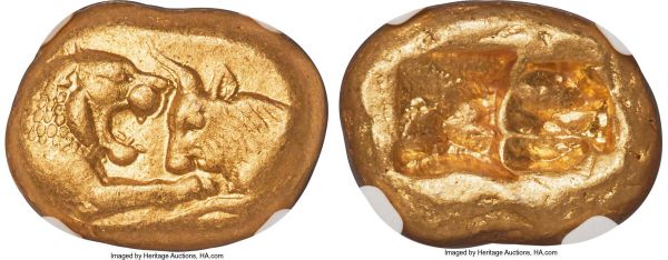 Lot 31010 > LYDIAN KINGDOM. Croesus (561-546 BC). AV stater (17mm, 10.74 gm). NGC AU 5/5 - 5/5. Sardes, 'heavy' standard, ca. 561-550 BC. Confronted foreparts of lion right and bull left, both with outstretched foreleg / Two incuse squares, side-by-side, with irregular interior surfaces. Berk 