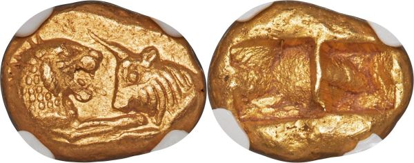 Lot 31011 > LYDIAN KINGDOM. Croesus (561-546 BC). AV third-stater or trite (12mm, 3.60 gm). NGC MS 5/5 - 4/5, light scuff. Sardes, 'heavy' standard, ca. 561-550 BC. Confronted foreparts of lion right and bull left, both with outstretched foreleg / Bipartite incuse rectangle with irregular interior surfaces. Berk 