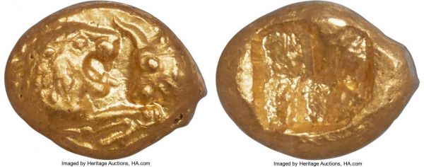 Lot 31012 > LYDIAN KINGDOM. Croesus (561-546 BC). AV 1/12 stater or hemihecte (7mm, 0.89 gm). NGC Choice MS 5/5 - 5/5. Sardes, 'heavy' standard, ca. 561-550 BC. Confronted foreparts of lion right and bull left, both with outstretched foreleg / Incuse square punch with irregular interior surfaces. Walburg Group V. Berk 9. Traité I -. Perfectly centered and sharply struck on shimmering flan. An absolutely fantastic example of the type.  Very rare denomination in heavy standard. Of the 25 total certified Croesus hemihectes (includes both heavy and light standard), only four have graded Mint State, and the present example is the only Choice Mint State.