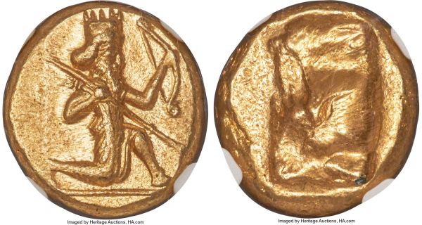 Lot 31014 > ACHAEMENID PERSIA. Darius I-Xerxes II (ca. 485-420 BC). AV daric (16mm, 8.38 gm). NGC Choice MS S 5/5 - 5/5. Lydo-Milesian standard. Sardes mint. Persian king or hero, wearing cidaris and candys, quiver over shoulder, in kneeling-running stance right, transverse spear in right hand, bow in outstretched left hand / Rectangular irregular incuse punch. Carradice Type IIIb, Group A/B.