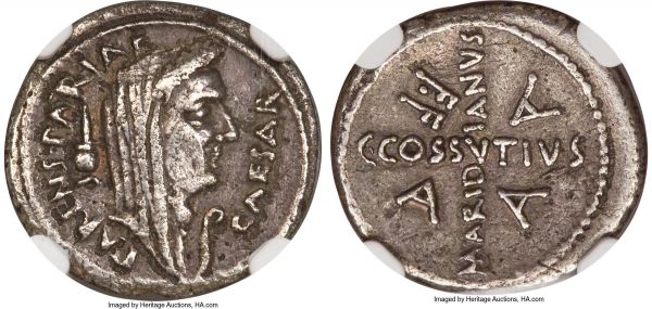 Lot 30102 > Divus Julius Caesar (49-44 BC). AR denarius (19mm, 4.16 gm, 12h). NGC Choice VF 5/5 - 2/5, scratches Posthumous issue, April 44 BC, C. Cossutius Maridianus, moneyer. PARENS PATRIAE-CAESAR, veiled and wreathed head of Julius Caesar right; apex behind, lituus right before / C•COSSVTIVS MARID-IANVS arranged in form of cross; A-A-A-F•F in the angles. Crawford 480/19. Sydenham 1069. 