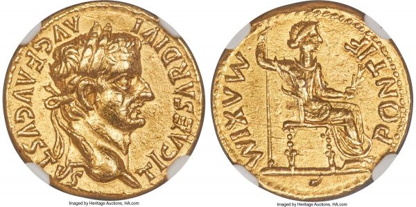 Lot 31030 > Tiberius (AD 14-37). AV aureus (18mm, 7.41 gm, 6h). NGC AU 5/5 - 2/5, ex-jewelry, bent. Lugdunum. TI CAESAR DIVI-AVG F AVGVSTVS, laureate head of Tiberius right / PONTIF-MAXIM, Livia, as Pax, seated right, olive branch in left hand, scepter in right, feet on stool; chair with ornate legs, single line below. RIC I 29. Calicó 305b.  Ex Nelson Bunker Hunt Collection (Sotheby's, 20 June 1991), lot 684