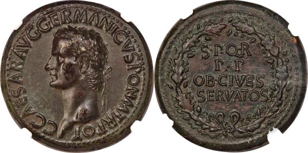 Lot 31031 > Gaius 'Caligula' (AD 37-41). AE sestertius (35mm, 29.15 gm, 6h). NGC AU 5/5 - 3/5, Fine Style, repatinated. Rome, AD 37-38. C CAESAR•AVG•GERMANICVS•PON•M•TR•POT•, laureate head of Caligula left / S•P•Q•R / P•P / OB•CIVES / SERVATOS, legend in four lines within oak wreath (Corona Civica). RIC I 37.  Ex Heritage Auction 3030 (NYINC, 5 January 2014), lot 23929; Numismatic Lanz München 147 (2 November 2009), lot 252 (cover coin)