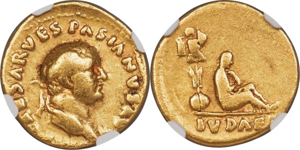 Lot 31033 > Vespasian (AD 69-79). AV aureus (18mm, 6.71 gm, 5h). NGC Choice Fine 4/5 - 4/5. Judaea Capta issue. Rome, ca. 21 December AD 69-early AD 70. IMP CAESAR VESPASIANVS AVG, laureate head of Vespasian right / IVDAEA, military trophy with cuirass, helmet, greaves and two shields, before which sits female Jewish captive right in attitude of mourning. RIC II.1 1. Hendin 1464. Calicó 643.