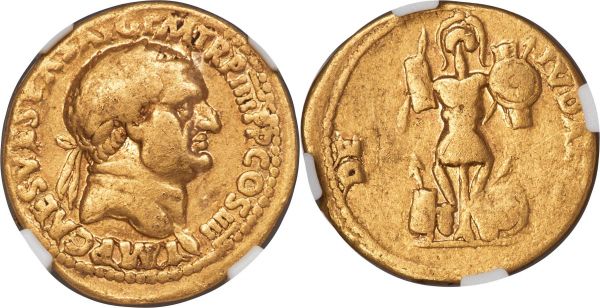 Lot 31034 > Vespasian (AD 69-79). AV aureus (19mm, 7.07 gm, 8h). NGC Fine 4/5 - 3/5, edge marks. Lugdunum, AD 72. IMP CAES VESPAS AVG P M TR P IIII P P COS IIII; laureate head of Vespasian right / DE-IVDAEIS, trophy built from crested helmet with cheek-pieces, cuirass and spear; rectangular shield and spear on right arm, round shield, rectangular shield and spear on left arm, two spears, greaves, round and rectangular shields on ground. RIC II.1 1179. Hendin 1476. Calicó 627a.