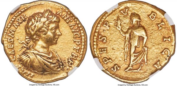 Lot 31035 > Caracalla (AD 198-217). AV aureus (20mm, 7.26 gm, 12h). NGC XF 5/5 - 4/5. Rome, AD 198. IMP CAES M AVR-ANT AVG P TR P, laureate, draped and cuirassed bust of Caracalla right, seen from front / SPES•P-V-BLICA, Spes advancing left, flower upward in right hand, gathering up drapery with left. RIC IV.I 26b. Calicó 2820.  Ex Heritage Auction 3064 (CCE, 20 April 2018), lot 30316