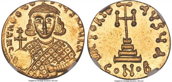 Lot 31041 > Theodosius III Adramytium (AD 715-717). AV solidus (19mm, 4.48 gm, 5h). NGC Gem MS 5/5 - 5/5. Constantinople, 1st officina. d N ThЄOdO-SIЧS MЧL A, crowned facing bust of Theodosius III, wearing loros, patriarchal cross on globe in right hand, akakia in left / VICTORIA AVϚЧ A, cross potent on three steps; CONOB below. Sear 1487. DOC 2.2, 1. Immaculate, prooflike surfaces.  Ex Classical Numismatic Group, Auction 90 (23 May 2012), lot 1924