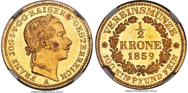 Lot 31044 > Franz Joseph I gold 1/2 Krone 1859-A MS62 NGC, Vienna mint, KM2251, J-314. The single certified example in NGC's database, an extremely rare fractional Krone with fully Prooflike fields and eye-catching lemon-gold color. One or two copper spots are noted for completeness, but do not detract from this Mint State piece. 