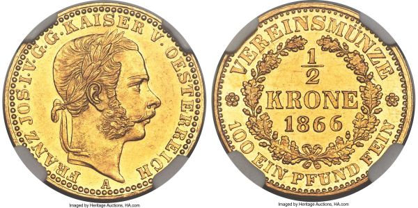 Lot 31045 > Franz Joseph I gold 1/2 Krone 1866-A MS62 NGC, Vienna mint, KM2252, J-318. Immediately appealing for its watery fields and sharp portrait, a smattering of contact marks in the fields but not enough to obscure the brightness of the planchet. A very rare and scarcely seen type. 