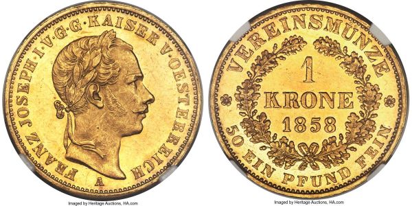 Lot 31046 > Franz Joseph I gold Krone 1858-A MS63 NGC, Vienna mint, KM2253, J-315. An extremely rare type in any condition, this being the first example of the date we have offered. Simply superb conditionally as well, displaying fully Prooflike surfaces that indicate its having been struck from very fresh dies. The reverse exhibits a light sea-green tone around the peripheries, only adding to the desirability of this piece.