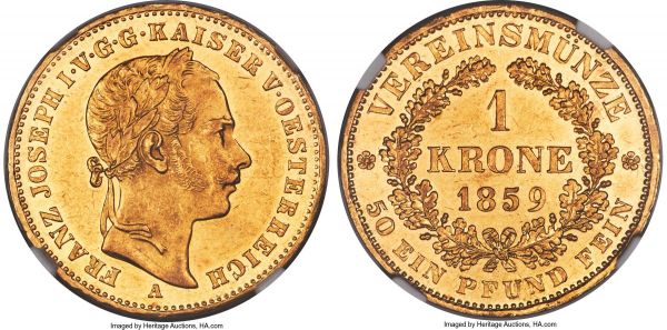 Lot 31047 > Franz Joseph I gold Krone 1859-A MS61 NGC, Vienna mint, KM2253, J-315. A splendid example of this incredibly elusive type, lightly reflectively throughout and permeated with a faint tinge of light marigold. Sure to excite the collector of Austrian rarities.