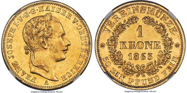 Lot 31048 > Franz Joseph I gold Krone 1863-A MS61 NGC, Vienna mint, KM2253, J-315. True Mint State yet with decidedly prooflike elements, the fields of this rare offering dazzle the viewer with glossy reflectivity, the planchet a light dandelion-yellow with minimal tone. Almost never encountered at auction and highly desirable thus. 