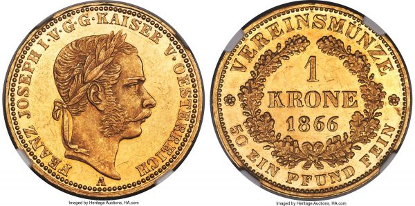 Lot 31049 > Franz Joseph I gold Krone 1866-A MS61 NGC, Vienna mint, KM2255, J-319. Deeply Prooflike, the strike razor-sharp, the portrait chiseled, and the devices as a whole well-frosted and heavily contrasted to the mirrored fields. A one-year type with a mintage of only 3,000 pieces, representing the first we have seen to date.