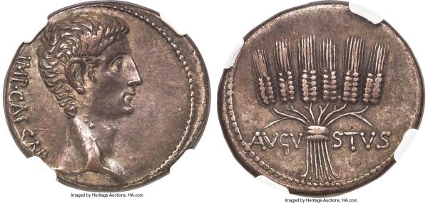 Lot 30105 > Augustus (27 BC-AD 14). AR cistophorus (26mm, 11.95 gm, 11h). NGC Choice XF S 5/5 - 4/5, Fine Style.  Pergamum, ca. 27-26 BC. IMP•CAESAR, bare head of Augustus right / AVGV-STVS, six grain ears bound together. RIC I 494. RPC I 2212. Beautiful cabinet toning.