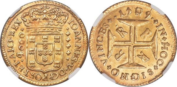 Lot 31052 > João V gold 4000 Reis 1709-R MS64 NGC, Rio de Janeiro mint, KM102, LMB-176. By far the finer of just two certified examples within NGC's database, none seen by PCGS. The obverse has been marvelously struck with only one small area of weakness where an adjustment mark created a groove; the remainder is absolutely needle-sharp with abundant mint luster. The reverse is somewhat softer with evidence of double striking but nonetheless remains strong for issue. An unbeatable Brazilian near-gem. 