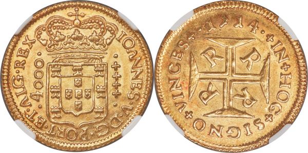 Lot 31053 > João V gold 4000 Reis 1714-R MS64 NGC, Rio de Janeiro mint, KM102, LMB-166. Sitting at the peak of quality for type, this offering currently holds the highest certification by NGC or PCGS. Certainly worthy of its near gem grade, the surfaces exhibit numerous delicate die-polish lines adding a slight matte texture to their otherwise lustrous sheen, the devices far more bold than is usually encountered; the planchet is primarily a buttercup-yellow in color, hints of sunset-orange tone forming at the peripheries. 