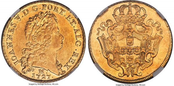 Lot 31054 > João V gold 12800 Reis (Dobra) 1727-M AU Details (Cleaned) NGC, Minas Gerais mint, KM139, LMB-285. From a short-lived series of just seven dates (1727-33), and the first year of issue for this hefty gold denomination based on the 8 Escudos. A not unattractive representation of this scarce type, a prior cleaning rendering the surfaces brighter than normal but without too much in the way of distracting contact marks or hairlines. A faint orangish tint pervading the fields and climbing onto the curls of the artistic obverse portrait hints at the beginnings of a retoning.