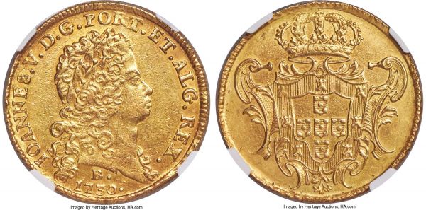 Lot 31055 > João V gold 12800 Reis (Dobra) 1730-B AU Details (Cleaned) NGC,  Bahia mint, KM141, LMB-101. Second Shield type. An impressive selection despite the details assignment, showing amber hues throughout the golden surfaces and even wear across the central features. Scattered handling marks are essentially expected at this level and evidence of hairlining blends well into the underlying tone. Rare, and very much coveted in all conditions, this Dobra struck at the Bahia mint eludes many important collections and even when presented in a details classification should not be overlooked.