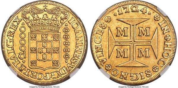 Lot 31056 > João V gold 20000 Reis 1724-M AU58 NGC, Minas Gerais mint, KM117, LMB-248. An offering of both immense quality and stature, representing the largest gold denomination of João V's reign in a degree of preservation to match. The fields, glowing with golden luster throughout, carry an unmistakable near-mint appeal, with an essential absence of any instances of handling that could be considered truly distracting, the only impression upon close examination being one of great allure, this feeling only heightened by the uniform boldness of the devices, which extends to every facet of the struck design. 