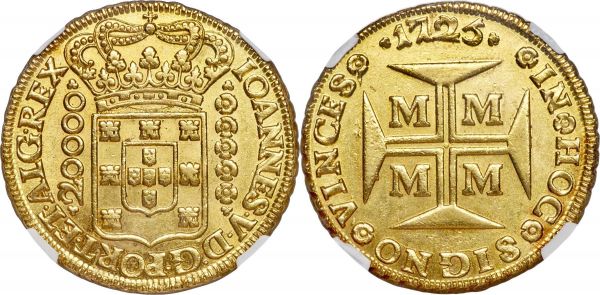 Lot 31057 > João V gold 20000 Reis 1725-M MS63 NGC, Minas Gerais mint, KM117, LMB-249. Highly unusual in choice grade, this charming piece boasts significant luster across the sharply impressed surfaces, the strike central and far crisper than one usually sees for the type. Very light hints of honey tone are forming at the peripheries, breaking into the uniform butter-gold centers and bolstering the eye appeal. An outlier for the type; of the 66 examples of this year graded by NGC, just three are more highly certified than this. Accordingly this piece represents nearly the ceiling of quality for issue.