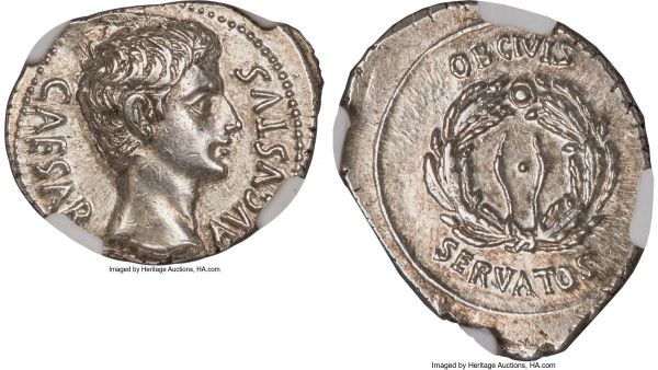 Lot 30106 > Augustus (27 BC-AD 14). AR denarius (21mm, 4.01 gm, 4h). NGC Choice AU 5/5 - 4/5. Uncertain mint in Spain, AD 19-18. CAESAR AVGVSTVS, bare head of Augustus right / OB CIVIS / SERVATOS, wreath with ties upward. RIC I 40a.