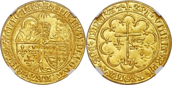 Lot 31060 > Anglo-Gallic. Henry VI (1422-1461) gold Salut d'or ND (1423-1453) MS67+ NGC, Saint Lo mint, Lis mm, Fr-301, Dup-443A, Elias-271, W&F-387A 2/b. 3.50gm. (lis) hЄИRICVS: DЄI: GRA: FRACORV: Z: AGLIЄ: RЄX, Virgin Mary (on left) and Archangel Gabriel (on right) standing behind shields of France and England, respectively, scroll with AVЄ (written downwards) in between, rays above / (lis) XPC' ★ VIИCIT ★ XPC' ★ RЄGИAT ★ XPC' ★ ImPЄRAT, Latin cross within tressure, lis to left, lion to right, h below. The single highest graded specimen of this type by NGC or PCGS - which will come as no great surprise. The fact that a piece of this age has survived in such fantastic premium gem condition is simply extraordinary. Seemingly pristine, close inspection with a loupe only revealing one tiny surface scratch to the reverse, the remainder flawless and coated with gentle canary-yellow luster; for the grade-conscious collector of Medieval gold, look no further for quality.