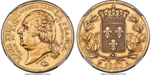 Lot 31061 > Louis XVIII gold Engraved Off-Metal Strike 5 Francs 1820-A AU Details (Obverse Graffiti) NGC, Paris mint, KM-Unl., VG-Unl., Maz-Unl. (cf. Maz-742 for gold striking dated 1819), Gad-Unl. (cf. Gad-614 for gold striking dated 1815). 37mm. 35.74gm. By Auguste-François Michaut. Edge: DOMINE SALVUM FAC REGEM (incuse). Engraved: EMILIE DU RAIS - GEORGES LEBEL - 27 MARS 1876. By all measures an absolutely singular piece, entirely undocumented by Mazard, Gadoury, or VG. While a variety of gold 5 Francs essais are known from Louis's reign as part of a mint design competition between engravers Michaut, Jacques, and Gatteaux, we know of no documented specimens from this date and none with a lettered rather than plain edge. Favored for his choice of an advantageous portrait of the somewhat portly monarch compared to his competitors--and certainly pandering even more so with the pro-monarchist edge inscription (which translates to 