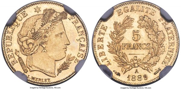 Lot 31062 > Republic gold Proof 5 Francs 1889-A PR63 NGC, Paris mint, KM829, Fr-595. Mintage: 40. A very scarce French gold Proof type, its surfaces enchantingly glossy with only the most trivial of contact marks defining its certified grade. The obverse portrait of Ceres is lightly frosted and barely exhibits any evidence of handling whatsoever, giving an immediately captivating aesthetic effect. According to Mazard, the small C under the value on the reverse stands for 