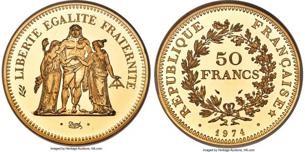 Lot 31063 > Republic gold Proof Piefort 50 Francs 1974 PR67 Ultra Cameo NGC, KM-P510. A magnificent example of this hefty Piefort type that draws from the classic Hercules design of 19th-century French coinage, boasting near-flawless surfaces that appear to exhibit even fewer flaws than one might expect for this already lofty certified grade. Deeply mirrored and very desirable, one of only 241 pieces struck.