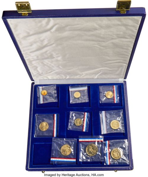 Lot 31064 > Republic 9-Piece Uncertified gold Partial Proof Piefort Set 1979,   1) Centime, KM-P624 2) 5 Centimes, KM-P627 3) 10 Centimes, KM-P630 4) 20 Centimes, KM-P633 5) 1/2 Franc, KM-P636 6) Franc, KM-P639 7) 2 Francs, KM-P642 8) 5 Francs, KM-P646 9) 10 Francs, KM-P649  Paris mint. An impressive set of Piefort rarities, each sealed in the original mint plastic, and missing only the 50 Francs. The set is sold with the original case of issue and includes COAs for each included denomination.