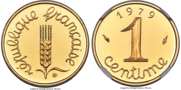 Lot 31065 > Republic 10-Piece Certified gold Proof Piefort Set 1979 NGC,  1) Centime - PR68 Ultra Cameo, KM-P624 2) 5 Centimes - PR68 Ultra Cameo, KM-P627 3) 10 Centimes - PR69 Ultra Cameo, KM-P630 4) 20 Centimes - PR69 Ultra Cameo, KM-P633 5) 1/2 Franc - PR69, KM-P636 6) Franc - PR69, KM-P639 7) 2 Francs - PR70, KM-P642 8) 5 Francs - PR69, KM-P646 9) 10 Francs - PR69, KM-P649 10) 50 Francs - PR68 Ultra Cameo, KM-P651  Paris mint. One of France's most popular modern Proof sets, an immense Piefort assemblage in essentially flawless condition. Only 300 sets were issued.