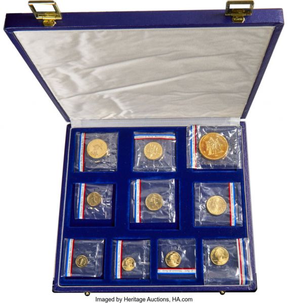 Lot 31066 > Republic 10-Piece Uncertified gold Proof Piefort Set 1979,   1) Centime, KM-P624 2) 5 Centimes, KM-P627 3) 10 Centimes, KM-P630 4) 20 Centimes, KM-P633 5) 1/2 Franc, KM-P636 6) Franc, KM-P639 7) 2 Francs, KM-P642 8) 5 Francs, KM-P646 9) 10 Francs, KM-P649 10) 50 Francs, KM-P651  Paris mint. A remarkable and complete set of Piefort issues, all sealed in the original mint plastic and kept with the accompanying certificates of authenticity. Most of the these sets have been split apart over the years, rendering a full and untouched group a particularly rare occurrence and an opportunity that should not be ignored. The set is sold with the original 