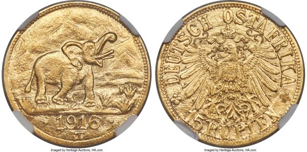 Lot 31067 > German Colony. Wilhelm II gold 15 Rupien 1916-T MS64 NGC, Tabora mint, KM16.2. Arabesque below the T in 