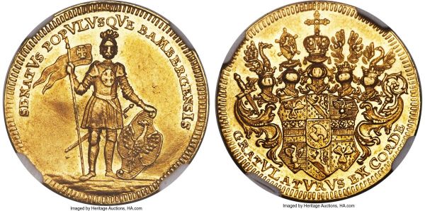 Lot 31068 > Bamberg. Johann Philipp Anton gold Ducat 1746 AU58 NGC, Nürnberg mint, KM114, Fr-169, Krug-404. Mintage unlisted in the Standard Catalog of World Coins. Mild friction in the fields indicates brief circulation, yet the completeness of the detail remaining is unquestionable, showing only light rub to the higher points, with the central features surrounded by shimmering golden brilliance in the fields. A scarce type, rarely found on auction, and the first example of this single-year issue that we have had the privilege to offer. 