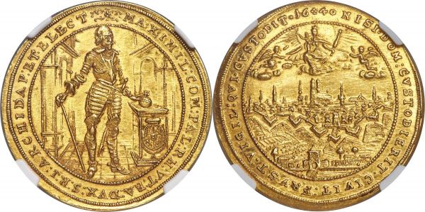 Lot 31069 > Bavaria. Maximilian I gold 5 Ducat 1640 MS63 NGC, Munich mint, KM268, Fr-196. Variety with date above. Commemorating the completion of new fortifications around Munich. Obv. Maximilian standing slightly right, fully clad in armor, holding scepter and resting hand upon orb set upon altar to right; all within ornate hallway. Rev. Veduta of Munich within the fortifications; above, the Madonna seated facing among the clouds, holding Holy Infant and scepter; cherub to left and right. Attractively rendered, conveying a satisfying sharpness down to even the smaller details in the Elector's armor and surroundings, as well as clearly outlined and uniformly struck legends. A slight haze appears around the detailing, which upon closer inspection reveals itself a consequence of fine die polish, a feature that results in a rather refined aesthetic appeal, with a distinctive golden glimmer drawing the eye with equal attention and excitement to the fields.