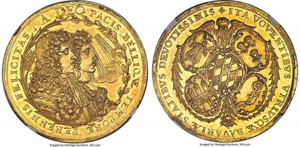 Lot 31070 > Bavaria. Maximilian II Emanuel gold 5 Ducat ND (1685) UNC Details (Edge Filing) NGC, Munich mint, KM342, Fr-215, Hauser-51. 17.36gm. A lustrous and fully Mint State selection of this broad multiple ducat featuring the distinctively styled dual portraits of the Elector Maximilian II and Maria Antonia, Archduchess of Austria. Though rim filing is noted for the sake of accuracy, the fact has little bearing on the charm that this luxurious selection offers, with its scintillating golden fields and vivid designs, these showing tremendous clarity of detail down to even the smallest facets of its ornate reverse detailing. Though light signs of contact are noted, as one would expect for any coin of the age, the presentation remains one of admirable quality, as the expansive raised design elements leave little room for any greater instances of handling in the fields to deter the eye. A very rare opportunity to acquire such a presentable representative of a doubtlessly elusive type, and, with certainty, a coin worthy of inclusion in even greatest cabinet of German or world rarities. Sold with old collector's tag. 