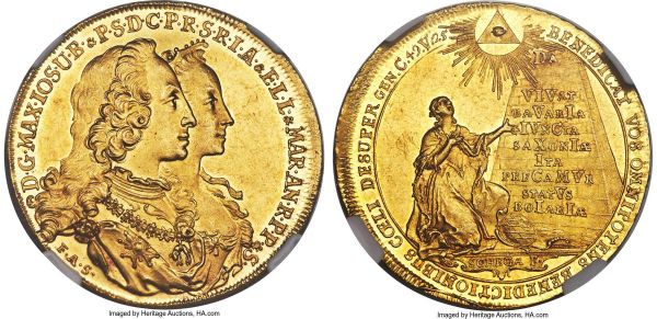 Lot 31071 > Bavaria. Maximilian III Joseph gold 5 Ducat 1747 MS61 NGC, Munich mint, KM493, Fr-245. 17.47gm. A superb representative of this gold multiple ducat featuring the conjoined regal busts of Maximilian III, Duke of Bavaria and Prince-elector of the Holy Roman Empire, and his wife, Maria Amalia of Austria, the daughter of Holy Roman Emperor Joseph I. A light and uniform scattering of handling establishes the assigned grade, while the surfaces are illuminated by golden light, possessed of a watery character that enables a gentle flow of luster to enliven every portion of the fields upon a turn of the wrist. Without a doubt, a coin to be experienced in hand, and a lovely representative of this beautiful and unique type. Sold with old collector's tag. 