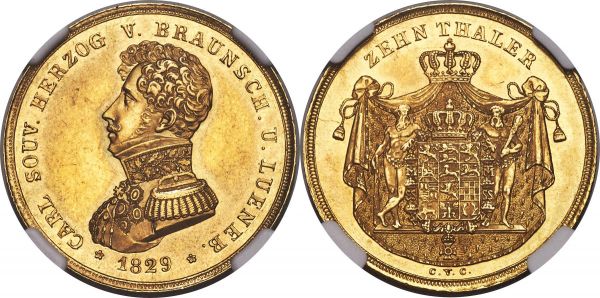 Lot 31072 > Brunswick-Wolfenbüttel. Karl II gold 10 Taler 1829-CvC MS62 NGC, Brunswick mint, KM1115, Fr-742, J-319, D&S-60. Bust left. A scarce type only infrequently offered on the numismatic market, and the first we have seen since 2015 - one which, at the time, was the first that we had offered on auction. Though the exact mintage is not evident, the issue is decidedly difficult to locate, particularly so in uncirculated condition, rendering the present specimen a desirable selection of German numismatics. Lightly toned, with underlying luster, and featuring a sharp portrayal of a uniformed Karl II.