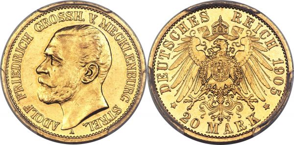 Lot 31073 > Mecklenburg-Strelitz. Adolph Friedrich V gold 20 Mark 1905-A MS61 PCGS, Berlin mint, KM117, J-240. A one-year type with an exceedingly low mintage of only 1,000 pieces. Exhibiting lightly reflective surfaces with just the slightest haze and scattering contact marks--bounding the assigned grade, though providing no serious visual detriment, while the piece preserves a uniformly pale yellow. Rarely offered in any condition, this being the first example of the type we have seen and the finest example certified by PCGS.