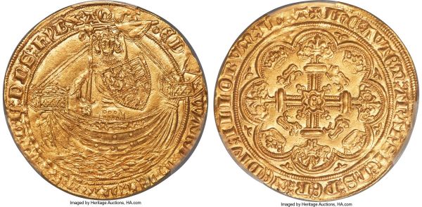 Lot 31074 > Edward III (1327-1377) gold Noble ND (1346-1351) MS62 PCGS, London mint, Cross pattée mm, Pre-Treaty period, S-1481, N-1110, Schneider-Unl. 7.73gm. One of the first Noble types to be struck after the Florin coinage of 1344 - extremely rare in any condition, let alone Mint State. Only a handful of third period Nobles have sold in recent years, and of these few the present offering would appear to be among the finest, substantiated by its being the sole piece certified by either NGC or PCGS. Crisply struck, the obverse slightly doubled, the reverse absolutely pristine and with an intriguing feature: diagonal wire-thin lines running through the devices, presumably some form of die-sinker's guide yet an element the cataloguer has never before seen. Dimly lustrous and clearly scarcely handled, perhaps the only chance collectors will have to obtain a specimen of this rare issue in such exalted grade. 