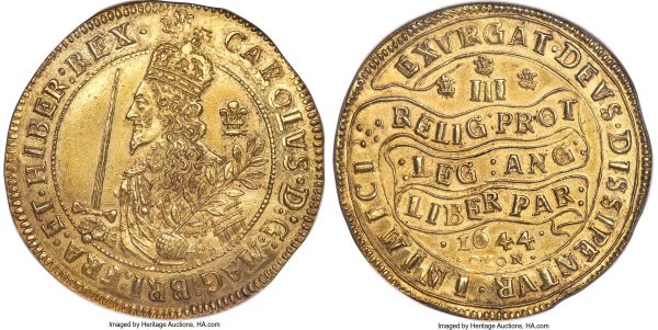 Lot 31076 > Charles I gold Triple Unite 1644 MS62+ NGC, Oxford mint, Plume mm, S-2729, N-2385, Brooker-841 (same dies). 27.00gm. Of utmost desirability and rarity, one of the finest extant examples of England's largest hammered gold coin produced in the early stages of the English Civil War of 1642-49. Highly sought after in any grade, the present piece represents the single second-from-highest graded example by NGC or PCGS, and combines this exalted preservation with undeniable medallic skill and fascinating numismatic history.   Prior to the war, Charles's coinage was almost uniformly poorly-struck, irregular-flanned and as crude as the contemporary Spanish 'pieces of eight'. Certainly, some experiments into milled coinage were being undertaken by Nicholas Briot, but in general Charles's coinage represents a very weak era for the output of the Royal Mint. However - this all changed once Charles left London and hostilities gradually began to take shape. Whilst numerous cities and towns began to declare their loyalty for either Royalists or Parliament, both sides proceeded to mint their own coins so as not to lose grasp of circulating currency and thus risk a breakdown of order. Indeed, coinage underpinned civilization to such an extent that even besieged castles and strongholds resorted to creating their own coins from salvaged plate silver. Parliament's coins were largely similar to the pre-existing regal issue, crudely struck and irregular. Charles, meanwhile, decided that coins were a perfect means of spreading his message and demonstrating his value - and thus he went on to produce exceptionally fine, large-sized pieces of gold and silver bearing his 'Wellington Declaration', stating to his people and Parliament that despite all appearances he upheld 