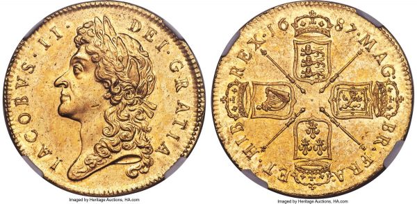 Lot 31078 > James II gold 5 Guineas 1687 MS60 NGC, KM460.1, Fr-292, S-3397A. TERTIO edge, indicating the third year of reign. An important issue of this heavily-demanded denomination, struck during the exceedingly short reign of James II, who ascended to power in early 1685 only to be overthrown and exiled to France during the Glorious Revolution of 1688 three years later, the aftermath of which brought about a permanent realignment of power within the English constitution. Quite conservatively graded, lightly Prooflike and incredibly struck, exhibiting extraordinarily sharp detail for the type and with no real surface wear to speak of. The fields are a cheery sun-yellow, with faint hints of peach and sea green visible under direct lighting. The finest example of the date we have handled and quite rare in any Mint State grade, with only one example graded higher by NGC, in MS61.