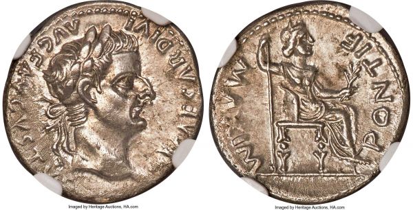 Lot 30108 > Tiberius (AD 14-37). AR denarius (19mm, 9h). NGC MS 5/5 - 3/5. Lugdunum. TI CAESAR DIVI-AVG F AVGVSTVS, laureate head of Tiberius right / PONTIF-MAXIM, Livia (as Pax), seated right on chair, feet on footstool, scepter in right hand, olive branch in left, ornate chair legs; single line below. RIC I 30.